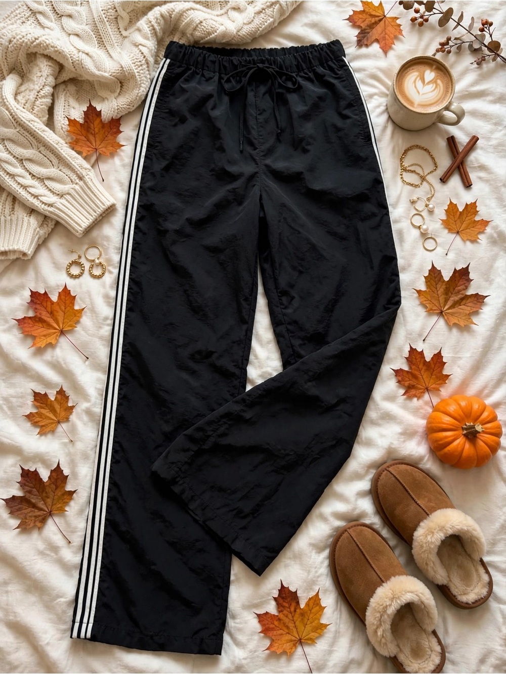 Love Tree Black Nylon Track Pants With White Side Stripes Straight Leg